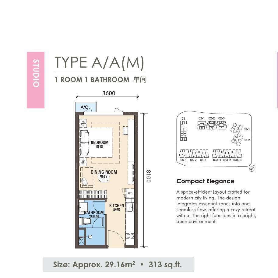 R&F Princess Cove Phase 3 Studio Floor Plan Type A A(M) Johor Bahru